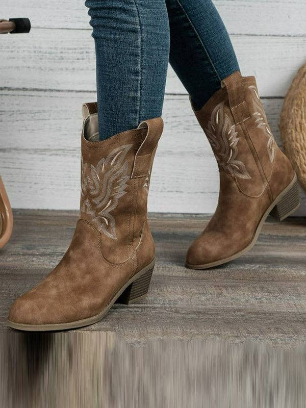 UZ Wholesale Store - Embroidered Round-Toe Split-Joint Boots Pumps: CAMEL / US 6 | EU 36 2/3 | UK 4 | CN 36