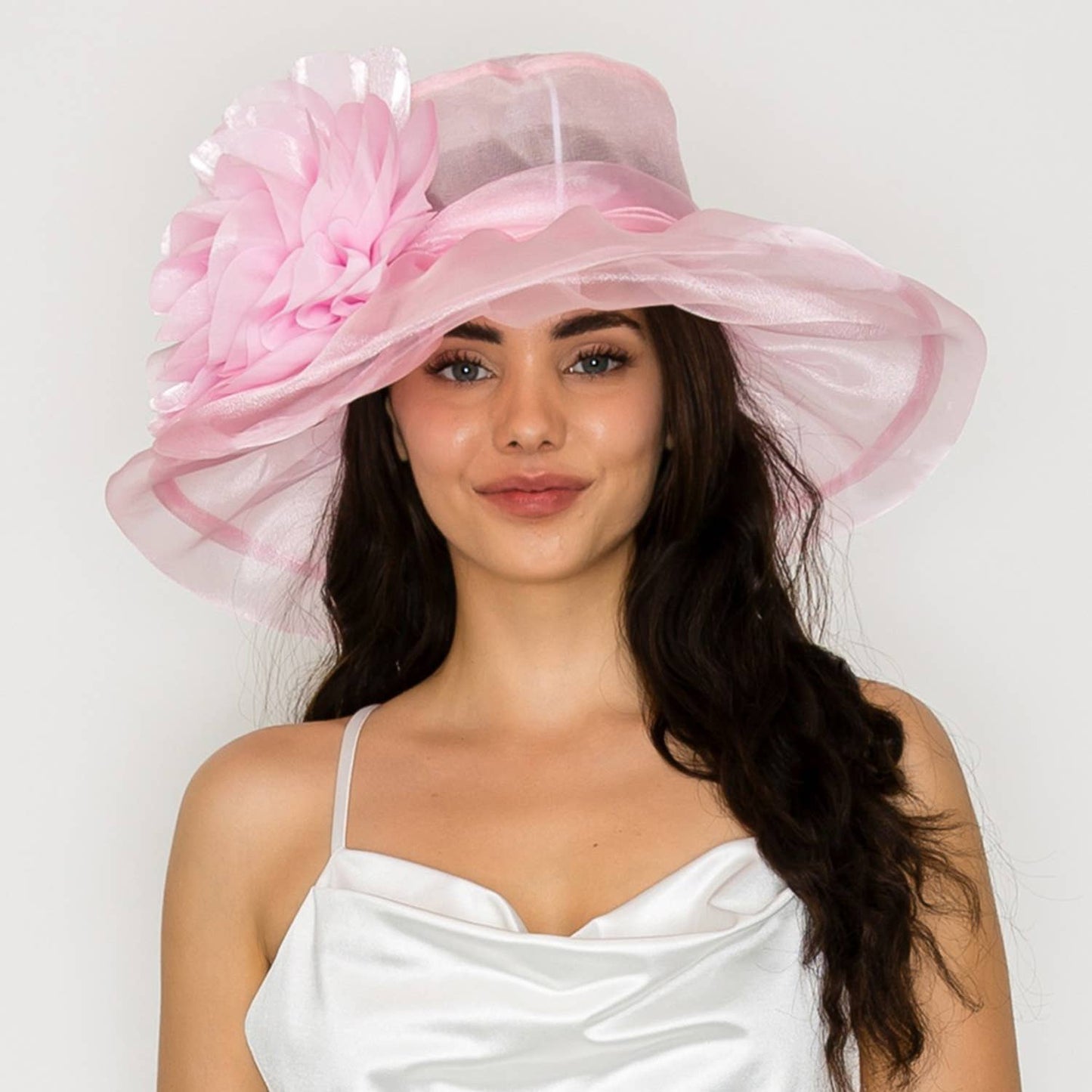 SP Sophia Collection - Wide Brim Organza Hat with Detachable Floral Fascinator Clip: Black