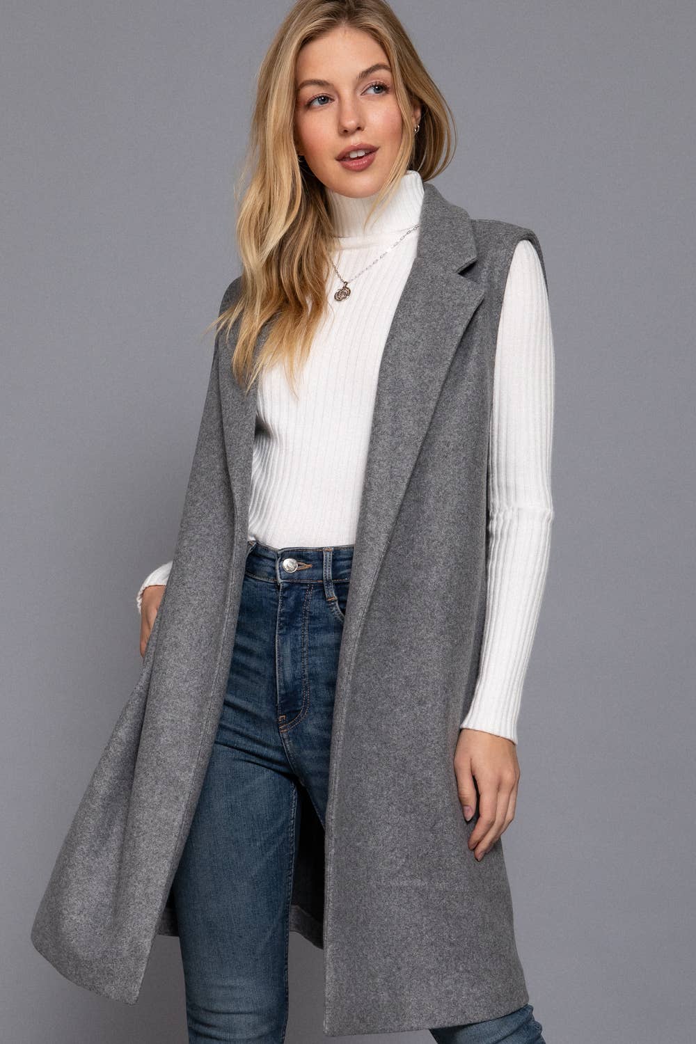 42POPS - ..._ 0709 Sleeveless Notched Collar Soft Open Vest SI-26592: BLK-black-170695 / L