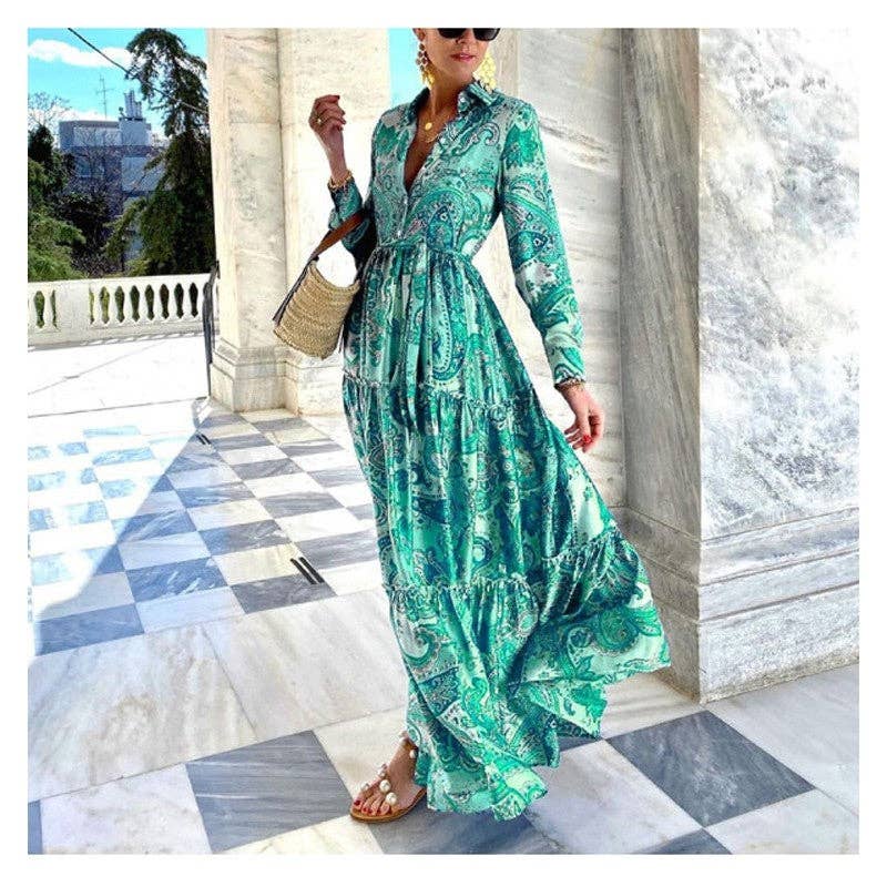 Legacy Stitchin Elegant Lace-Up Maxi Dress with Printed Long Sleeves: BLUE / M