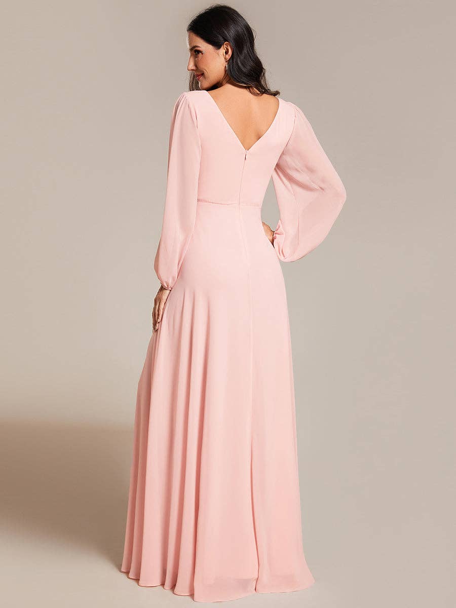 Ever-Pretty - Elegant waisted chiffon V-neck Long Sleeve guest Dress: Burgundy / 12