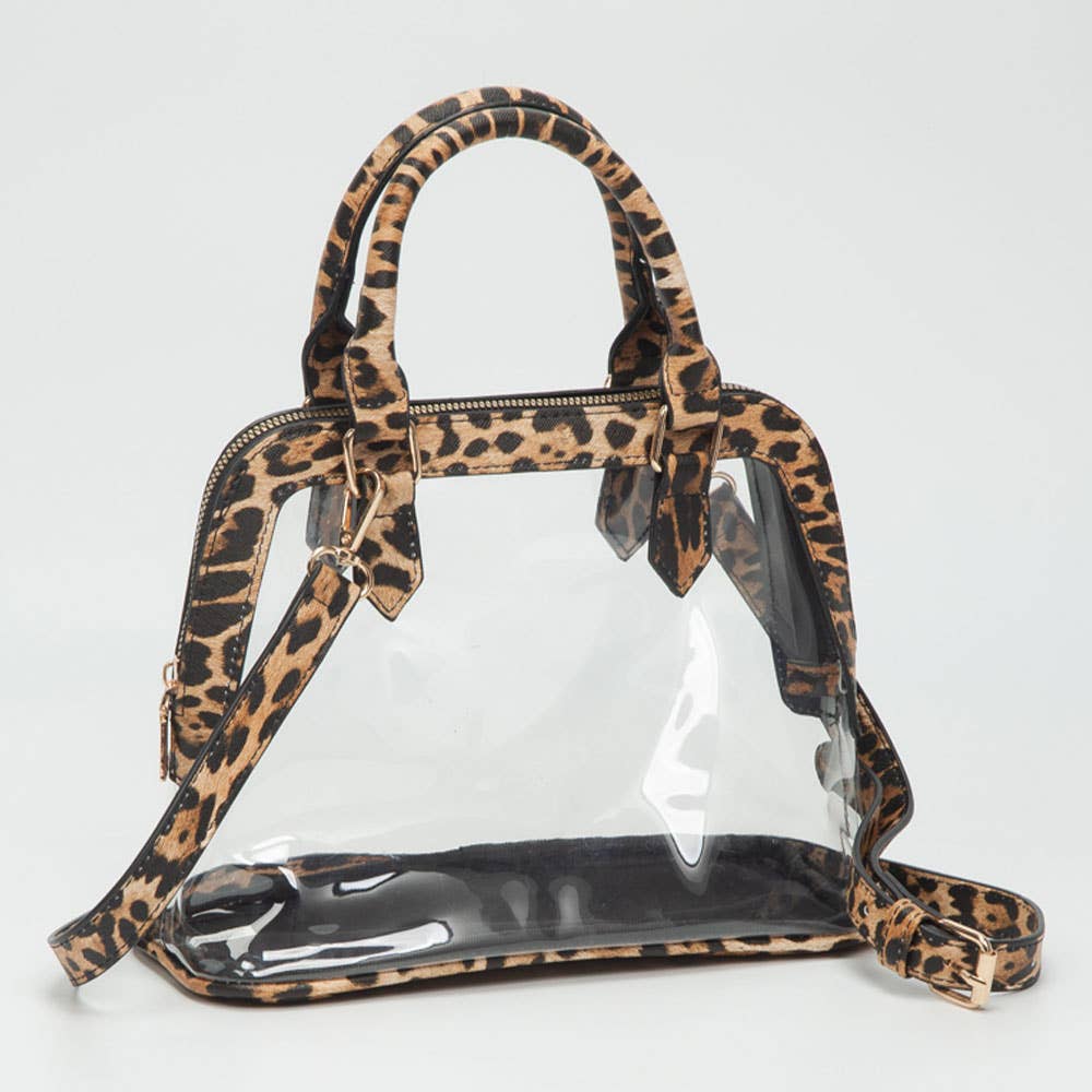 Sensibling Corp. - Faux Leather Trim Transparent Structured Top Handle Handbag / Crossbody Bag: Clear,Leopard