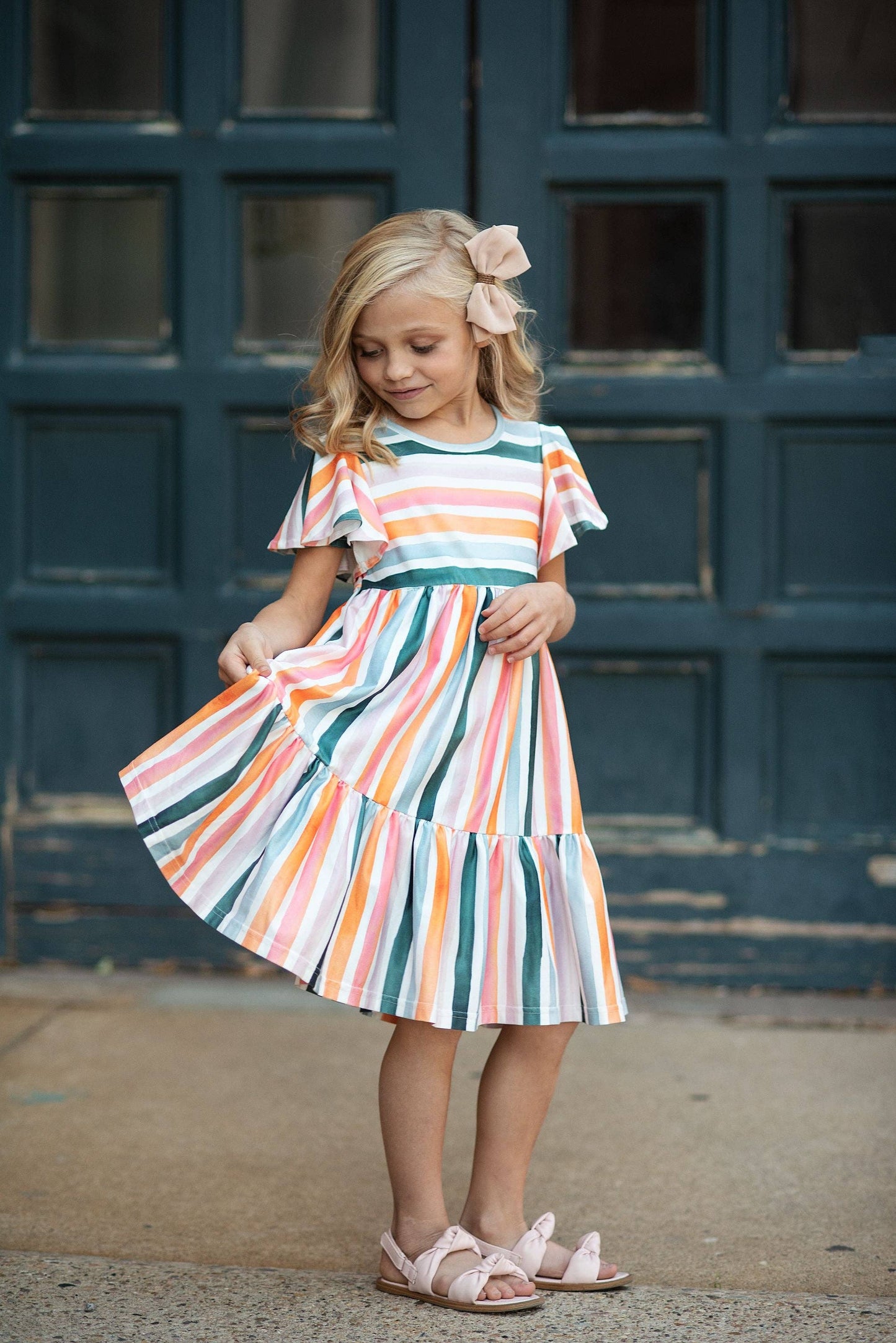 Oopsie Daisy - Kids Boho Rainbow Stripe Spring Easter Flutter Sleeve Dress: 14