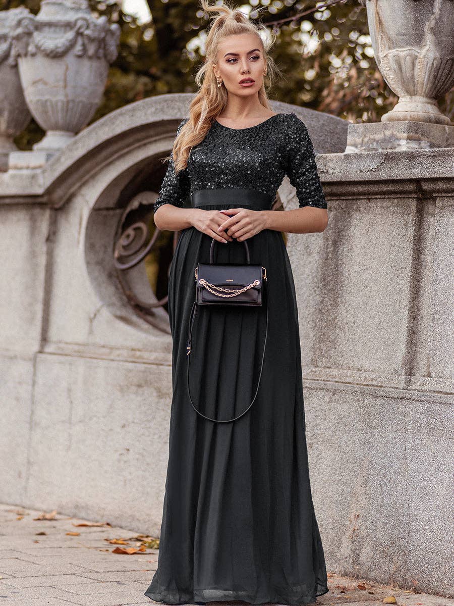 Ever-Pretty - Elegant Round Neckline Sequins Patchwork Dress: Navy Blue / 16