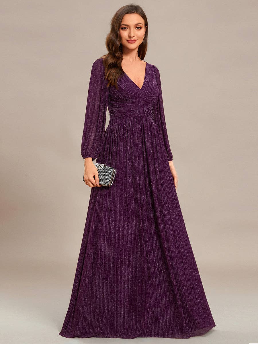 Ever-Pretty - Maxi Long Chiffon Waist V Neck Long Sleeves Evening Dress: Burgundy / 14