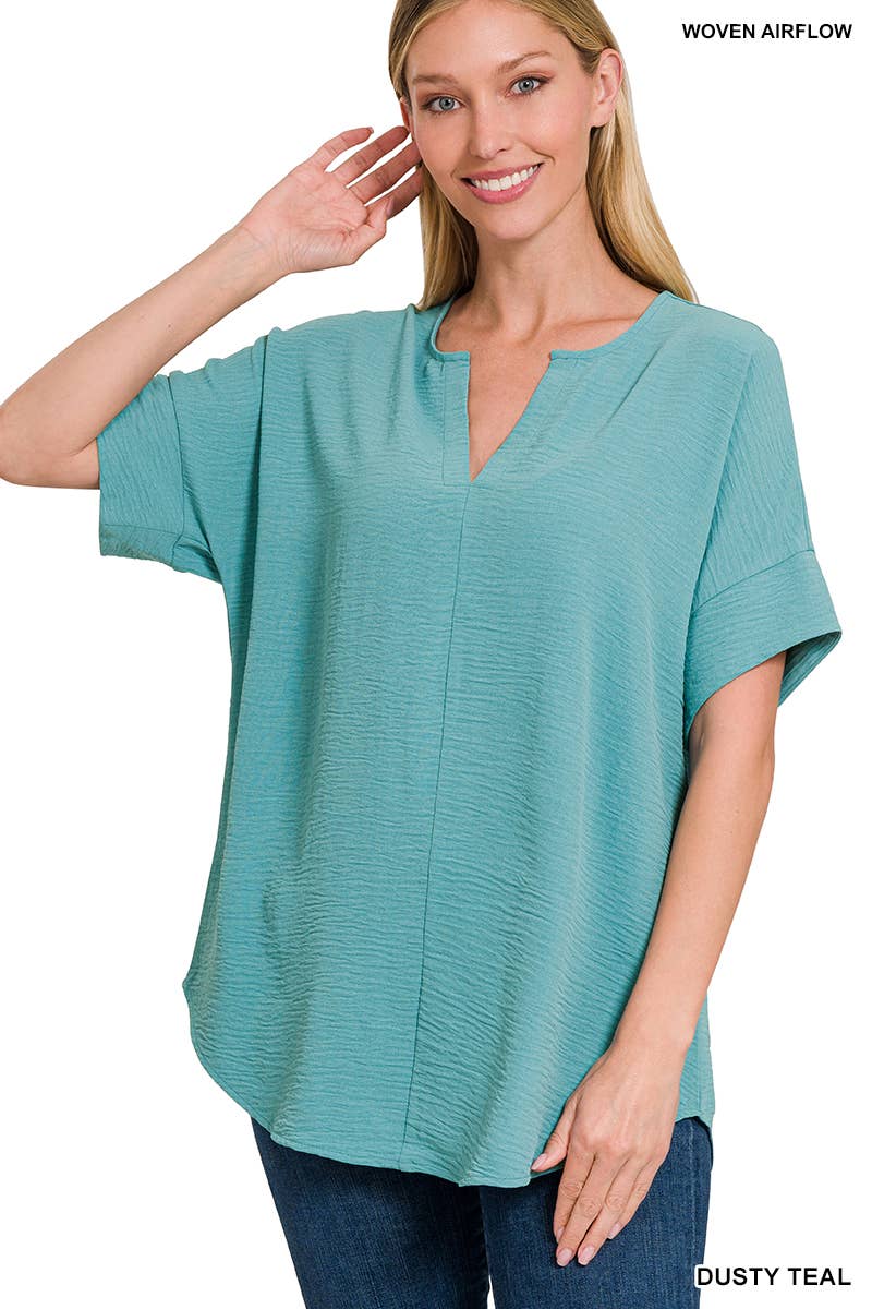 42POPS -Woven Airflow Split Neck Short Sleeve Top in Mint