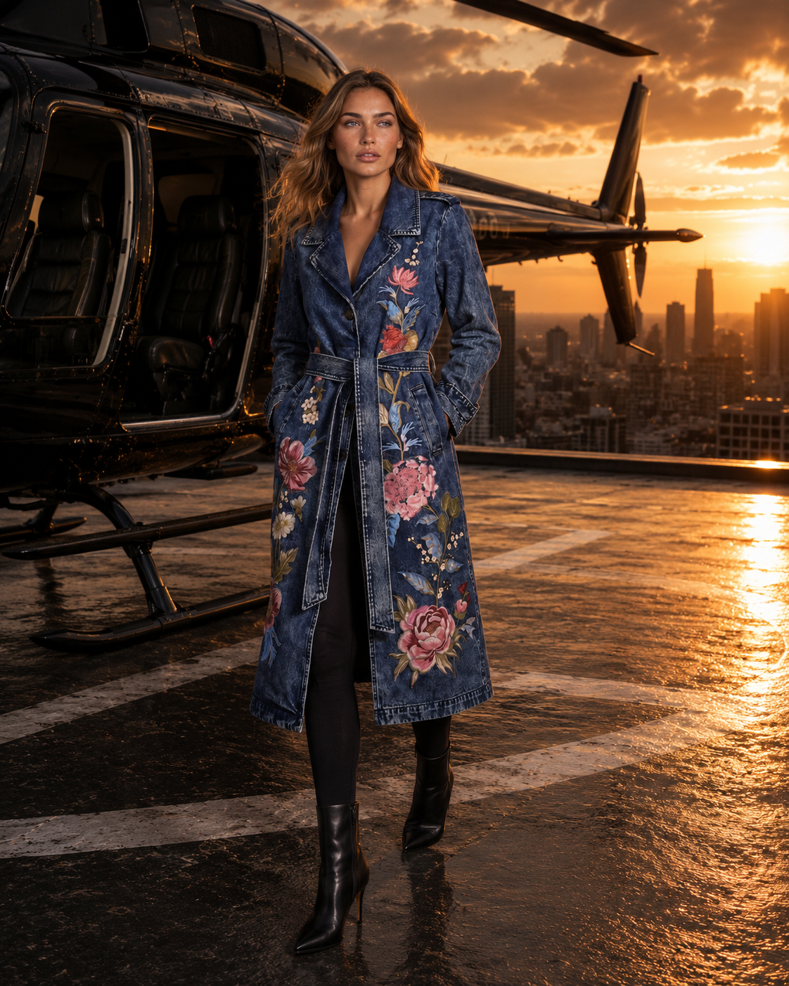 Adore - 2702-J Embroidered Denim Trench Coat: S