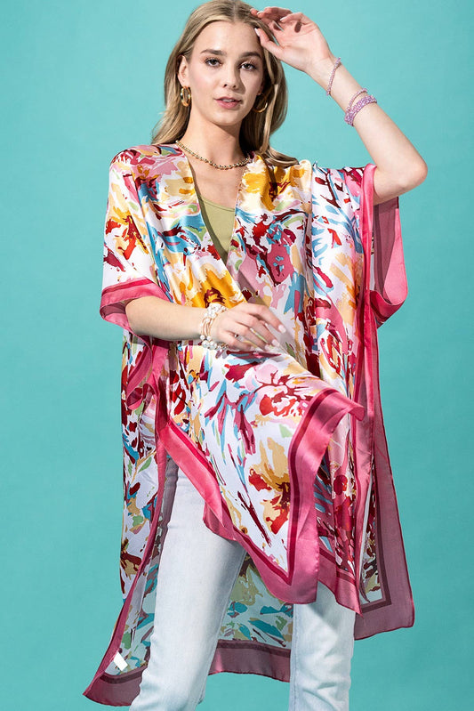 Urbanista - Abstract Floral Print Kimono: PINK-PK