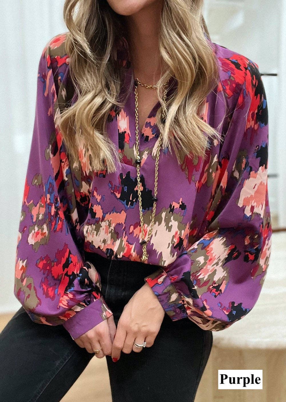 Secret Style Source - Painterly V-Neck Bubble Sleeve Top: Purple / M