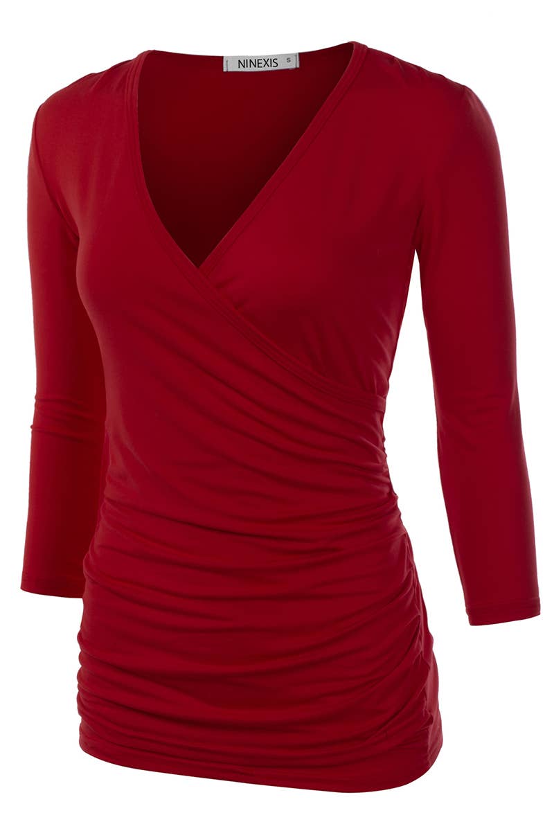 NINEXIS - CWTTL1403_3/4 Sleeve Tank Tops Deep V-Neck Surplice Wrap: NAVY / (S) 1