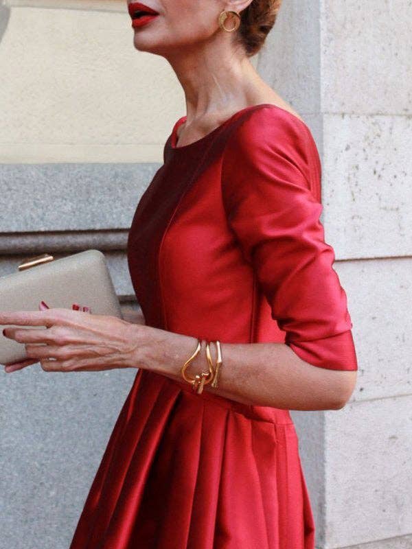 Sheer Trend - A-Line Loose Pleated Pockets Solid Color Split-Joint Round-Neck Midi Dresses: L / GREEN
