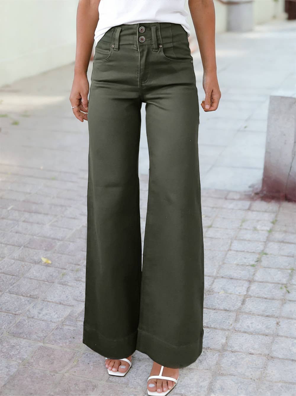 1 the Woman - High Waisted Double Button Wide Leg Elastic Denim Jeans: Black / 16