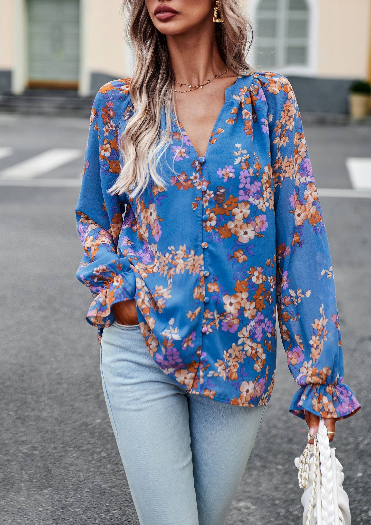 ePretty - Floral Button Down Long Sleeve Blouse SZ25-TP32012: Beige / S