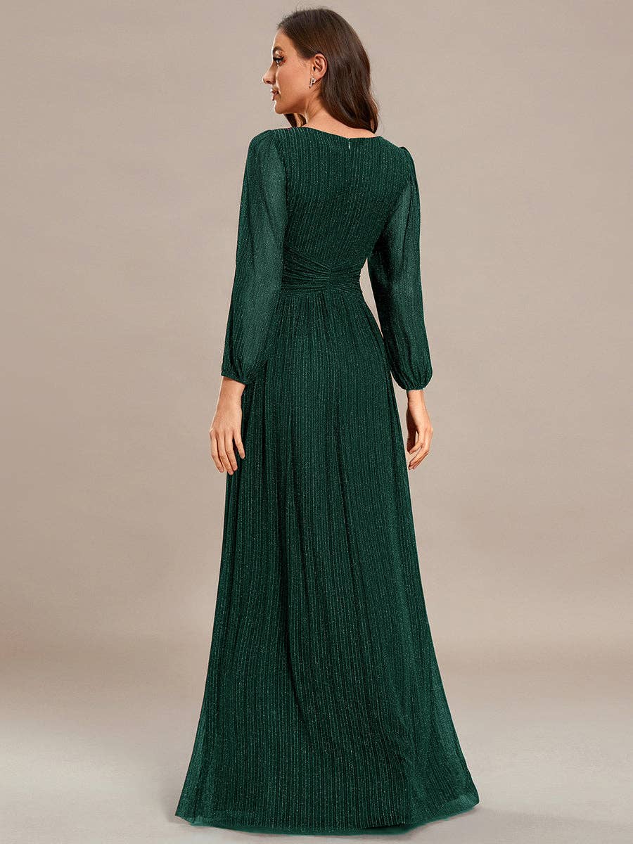 Ever-Pretty - Maxi Long Chiffon Waist V Neck Long Sleeves Evening Dress: Burgundy / 14