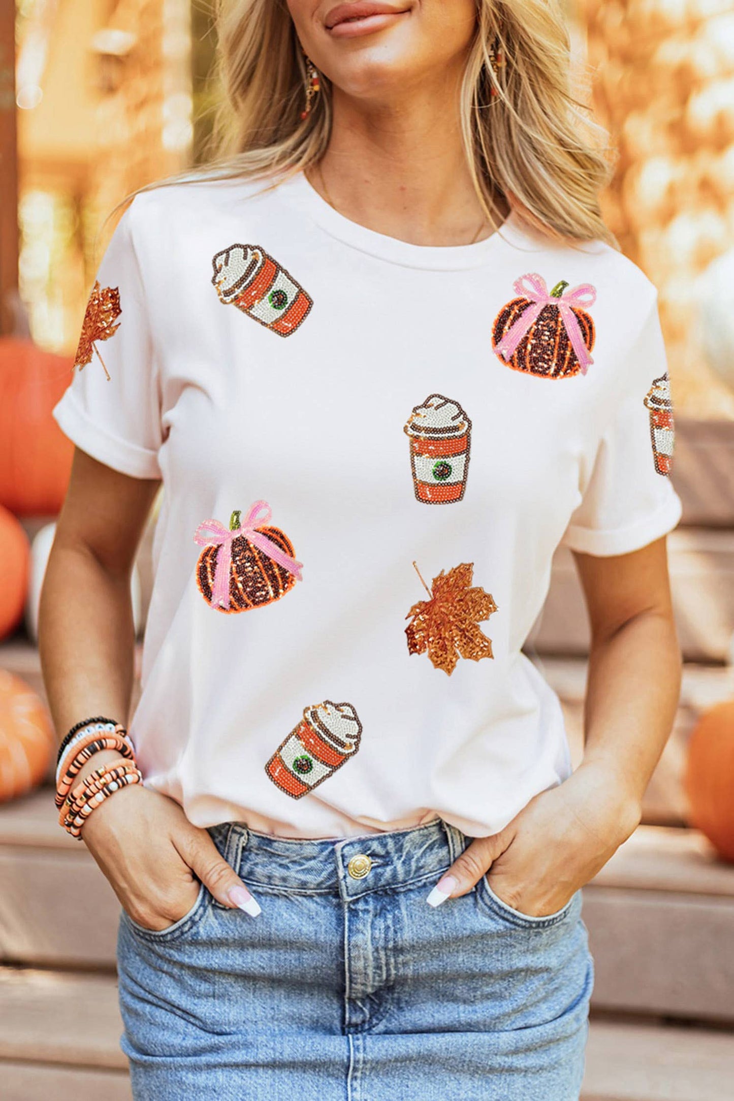 66DISCO - 66Sequined Pumpkin Fall Graphic Casual Shift T Shirt (S-3XL): White / L