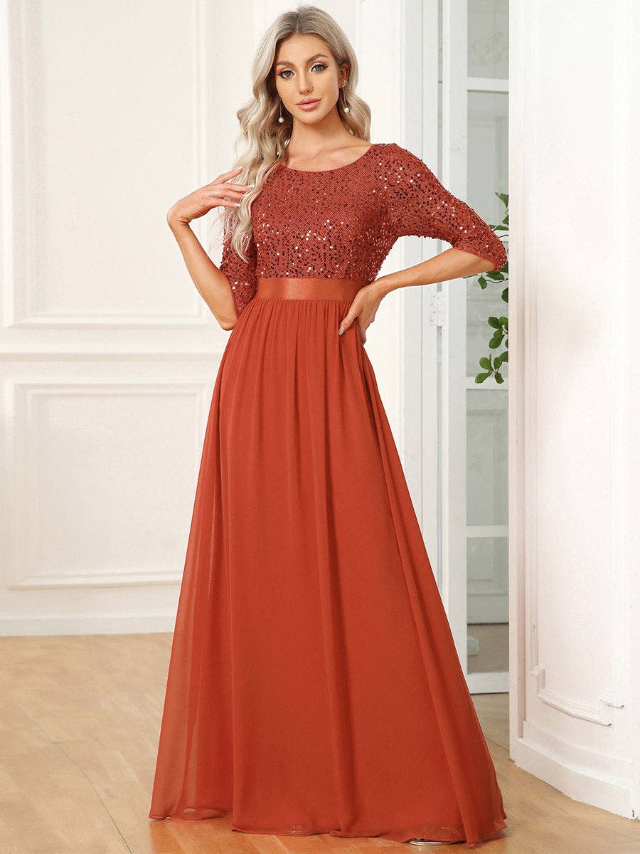 Ever-Pretty - Elegant Round Neckline Sequins Patchwork Dress: Navy Blue / 16