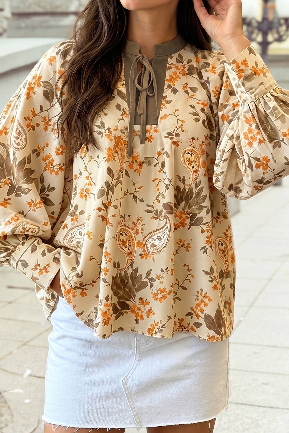 1 the Woman - Floral Tie Neck Balloon Sleeve Peasant Blouse S–4X: Khaki / L