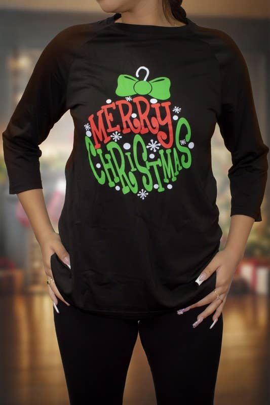 Suzie Q USA - ''Merry Christmas'' Ornament Raglan Tee: 2XL