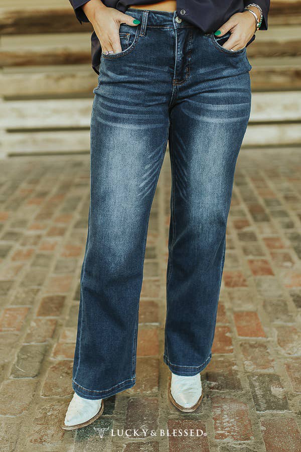 LUCKY & BLESSED - Plus Size Dark Wash Tummy Control Trouser Jeans: 14