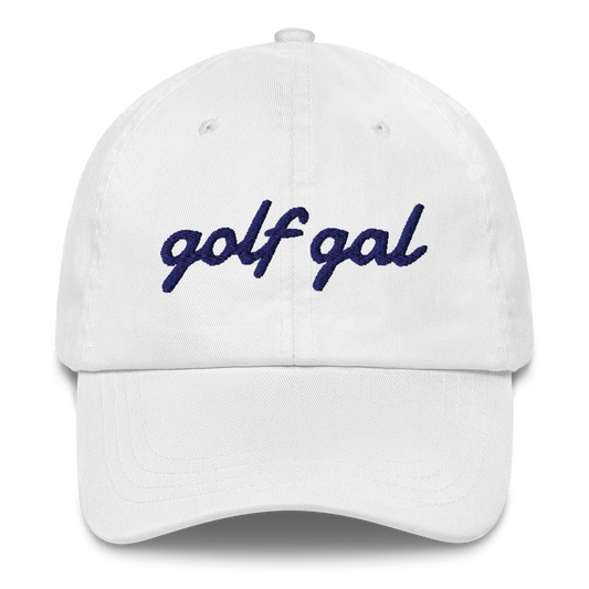 GOLF GAL Script Embroidered Dad Hat – White with Navy Thread