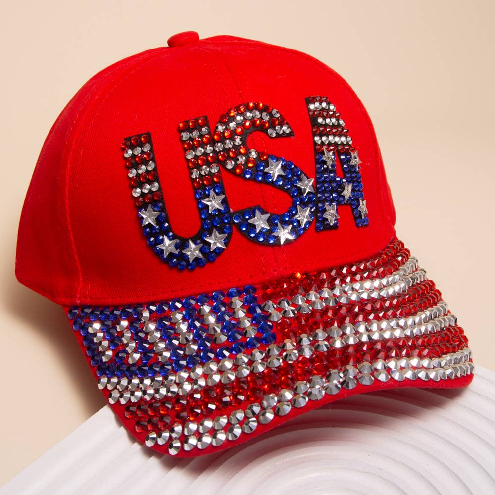 SP Sophia Collection - American "USA" Flag Rhinestone Embellished Baseball Cap: Red