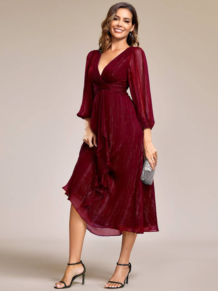 Ever-Pretty - Shiny Chiffon Wedding Guest Dress with Long Sleeve: Black / 12
