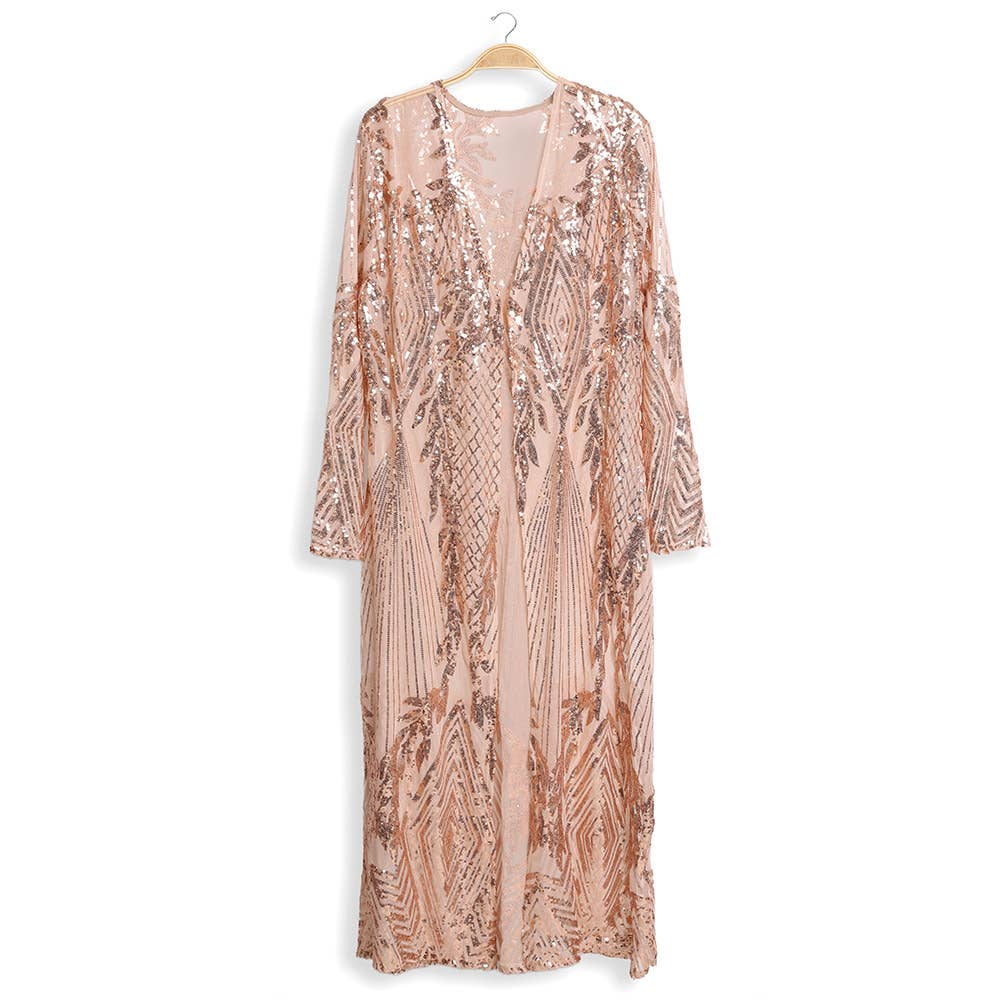 Sensibling Corp. - Leaves Pattern Sequin Long Cover-Up Kimono Poncho: Rose Gold