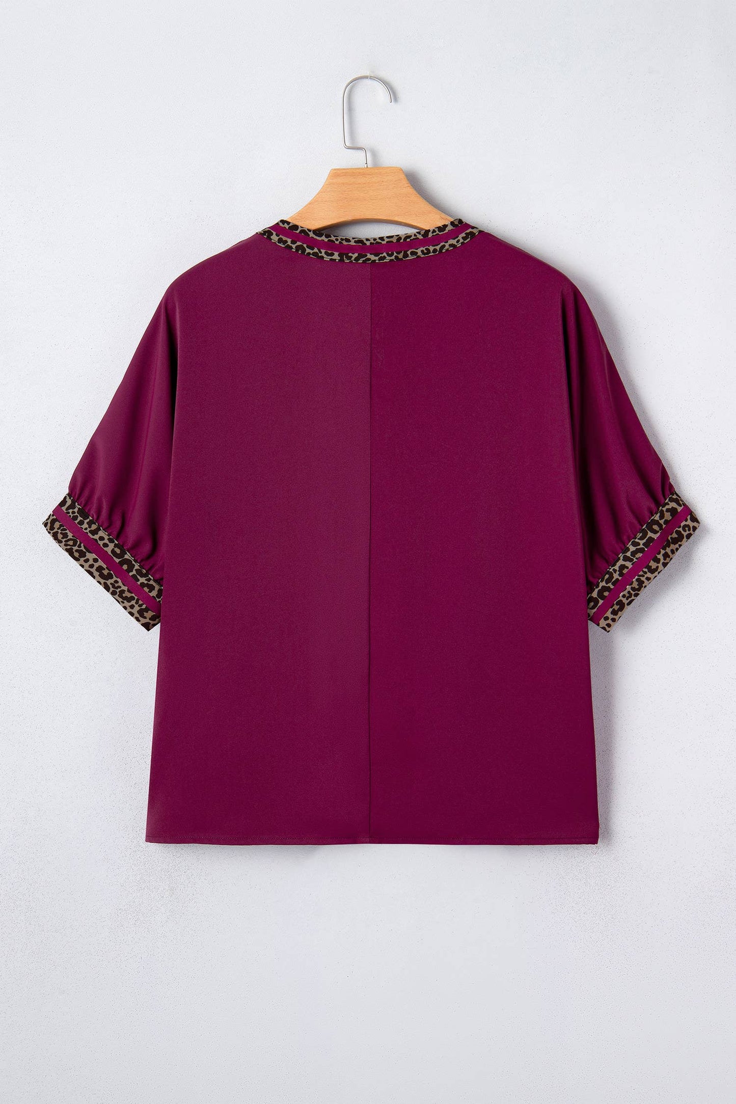 66DISCO - Contrast Leopard Trim V Neck Short Sleeve Blouse (S-XL): Red Dahlia / Missy / M