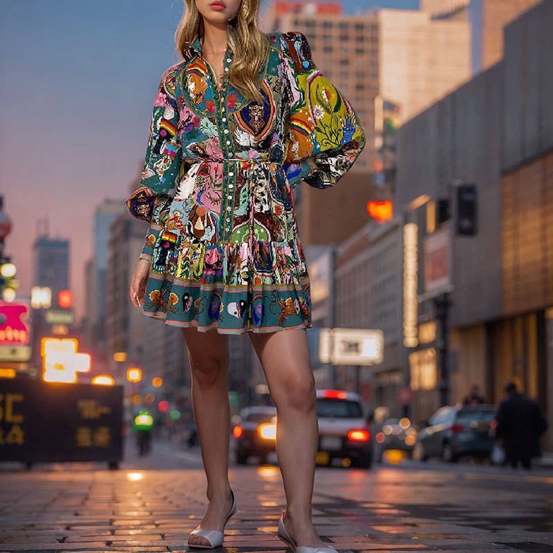 UZ Wholesale Store - Floral Round Neck Cinched Waist Tie Ruffle Hem Dress: PRINTING / XL