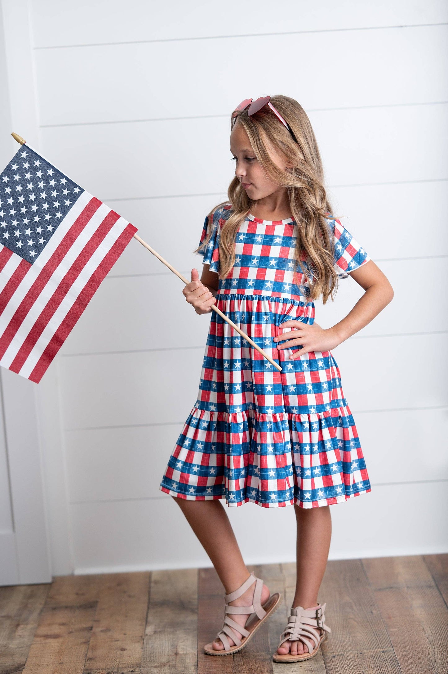 Oopsie Daisy - Kids 4th of July Red Stars & Stripes Flutter Sleeve Dress: 14
