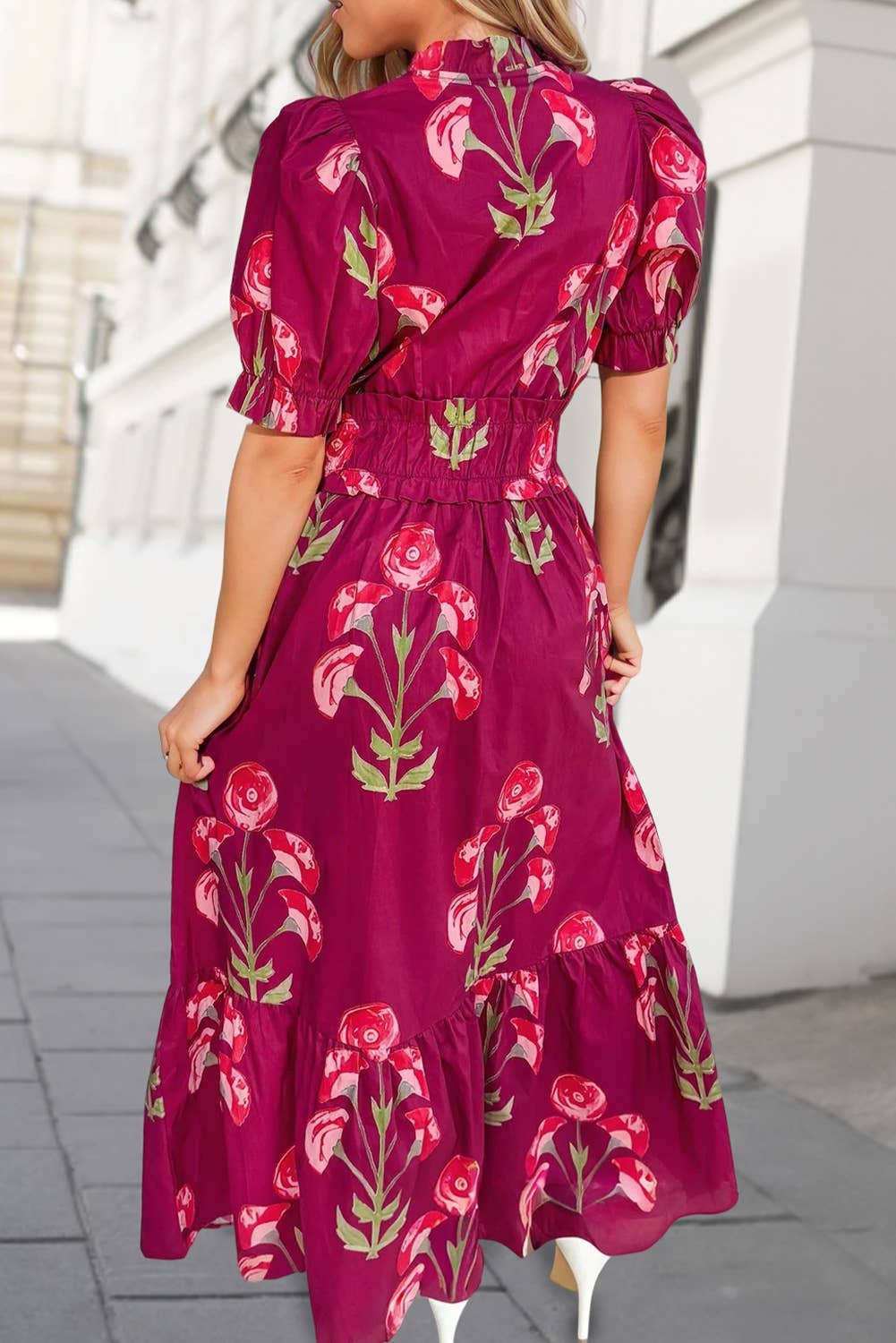 Aapparella - Floral V Neck Short Puff Sleeve Pockets Maxi Dress | S-XL: As shown / L