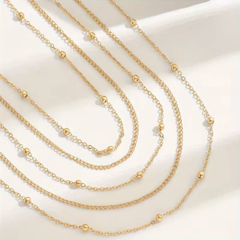 Syrrios Gifts LLC - Layered Multi Strand Beaded Chain Necklace Adjustable Choker: Silver
