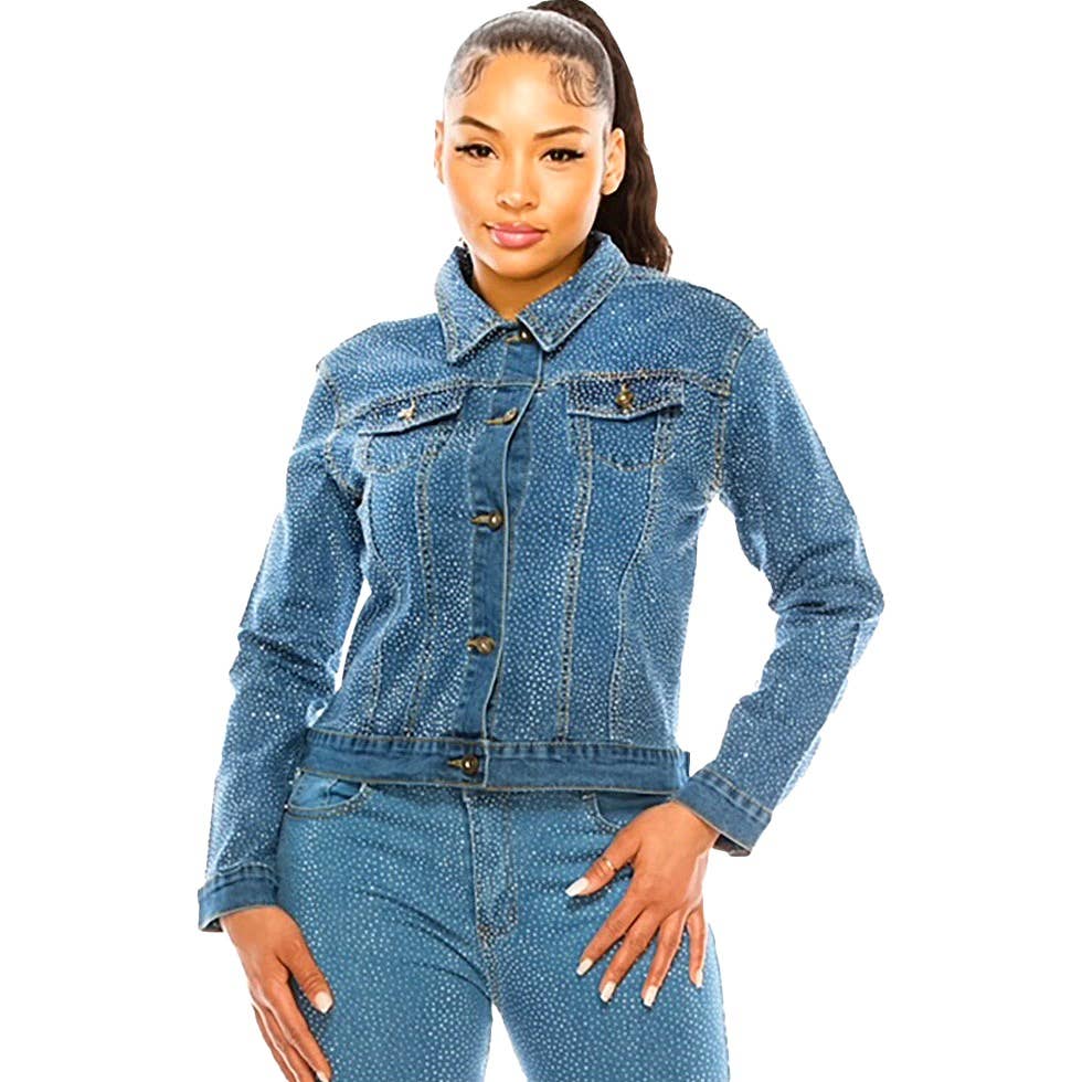 Diacly - Bling Chip Rhinestone Attached Denim Jacket: XL