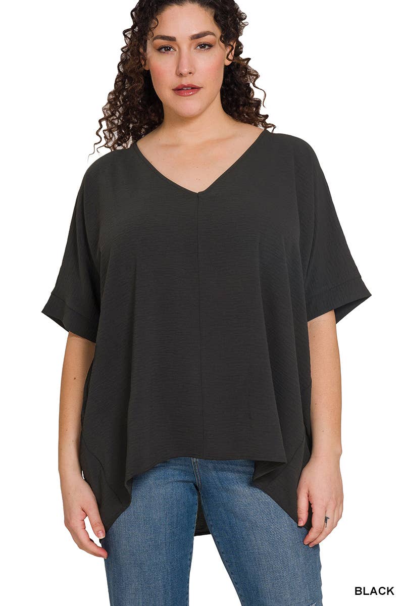 42POPS - PLUS SIZE WOVEN AIRFLOW V-NECK DOLMAN SHORT SLEEVE TOP: FUCHSIA-152206 / 1X