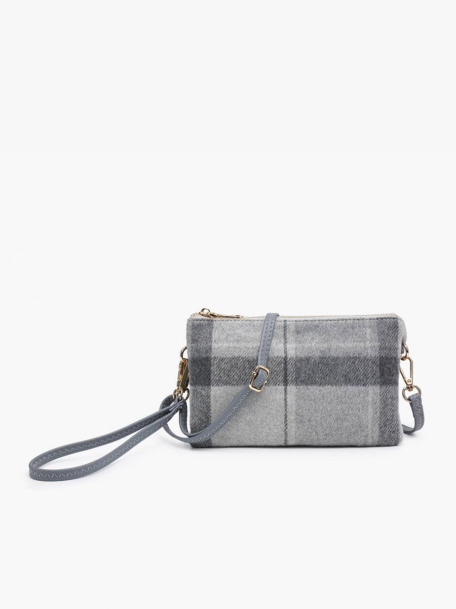 Jen & Co. - M013-PLD Riley Plaid 3 Compartment Crossbody/Wristlet: Gray/Black