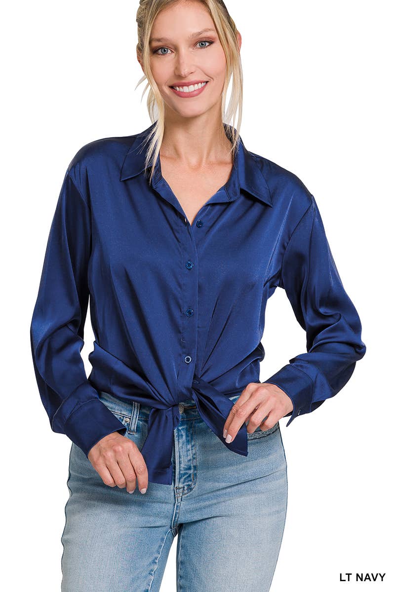 42POPS - ....SI-23622 SATIN CHARMEUSE BUTTON FRONT SHIRT: IVORY-153070 / M