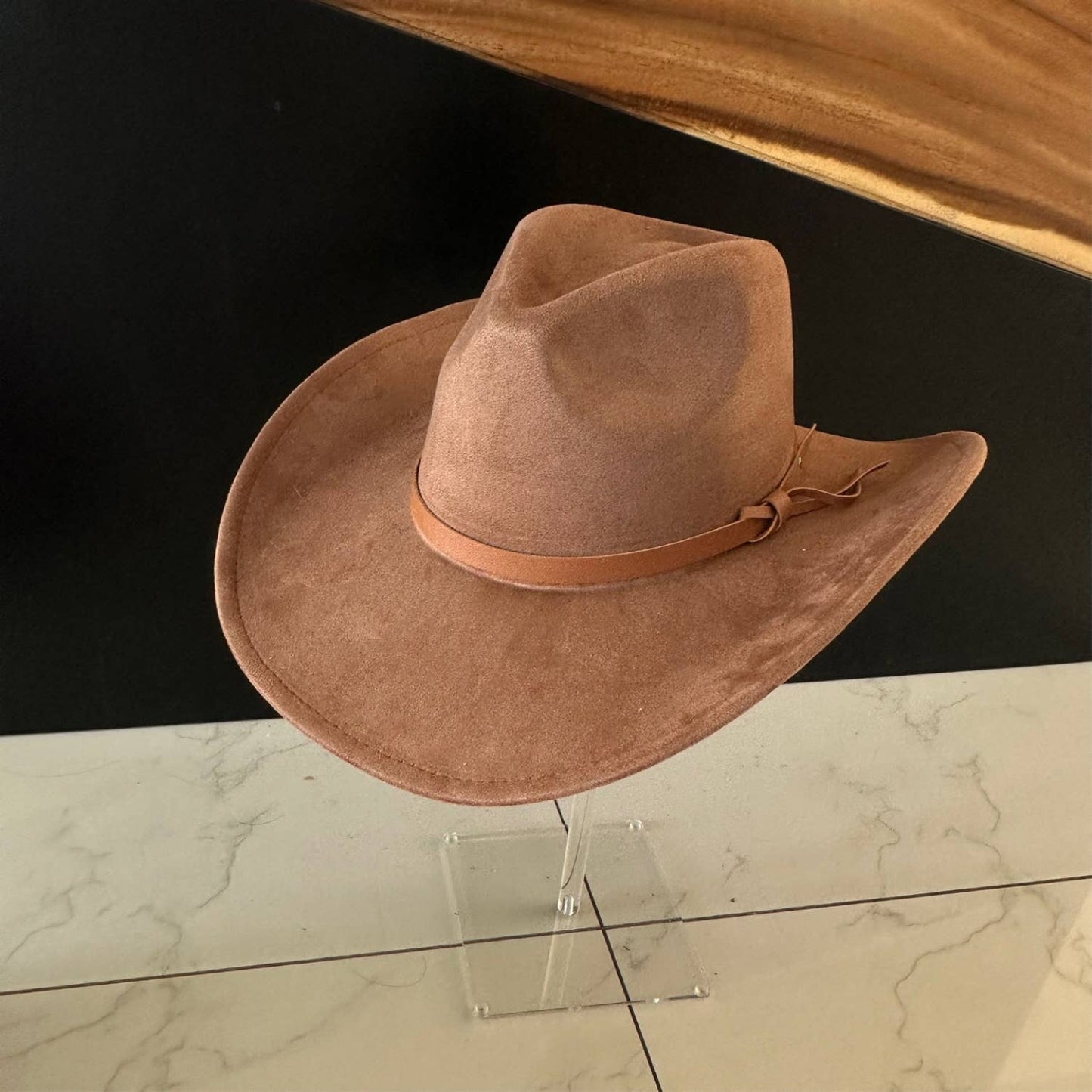 Queens INC - Fashion Vegan suede Cowboy hat  W/ Leather Belt: CAMEL / ONE SIZE