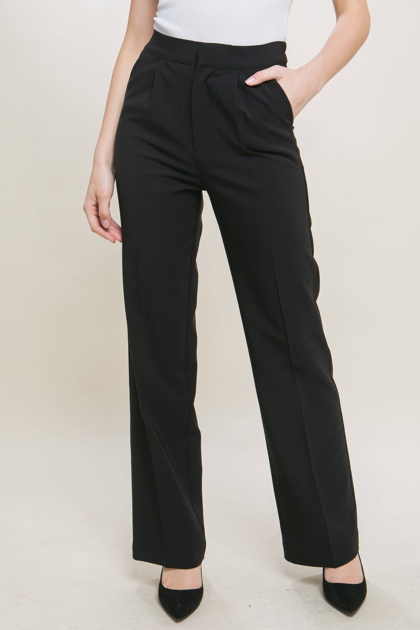 42POPS - ",...SI-25289 Regular-Fit Dress Pants w/ Elastic Back: Black-159548 / L
