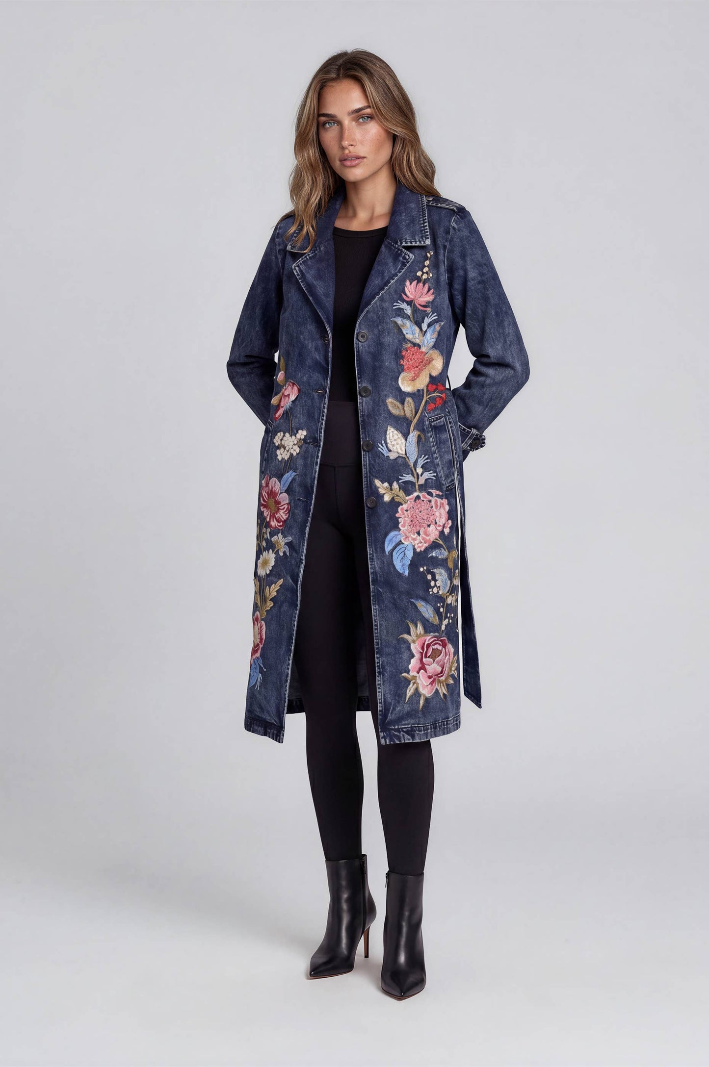 Adore - 2702-J Embroidered Denim Trench Coat: S
