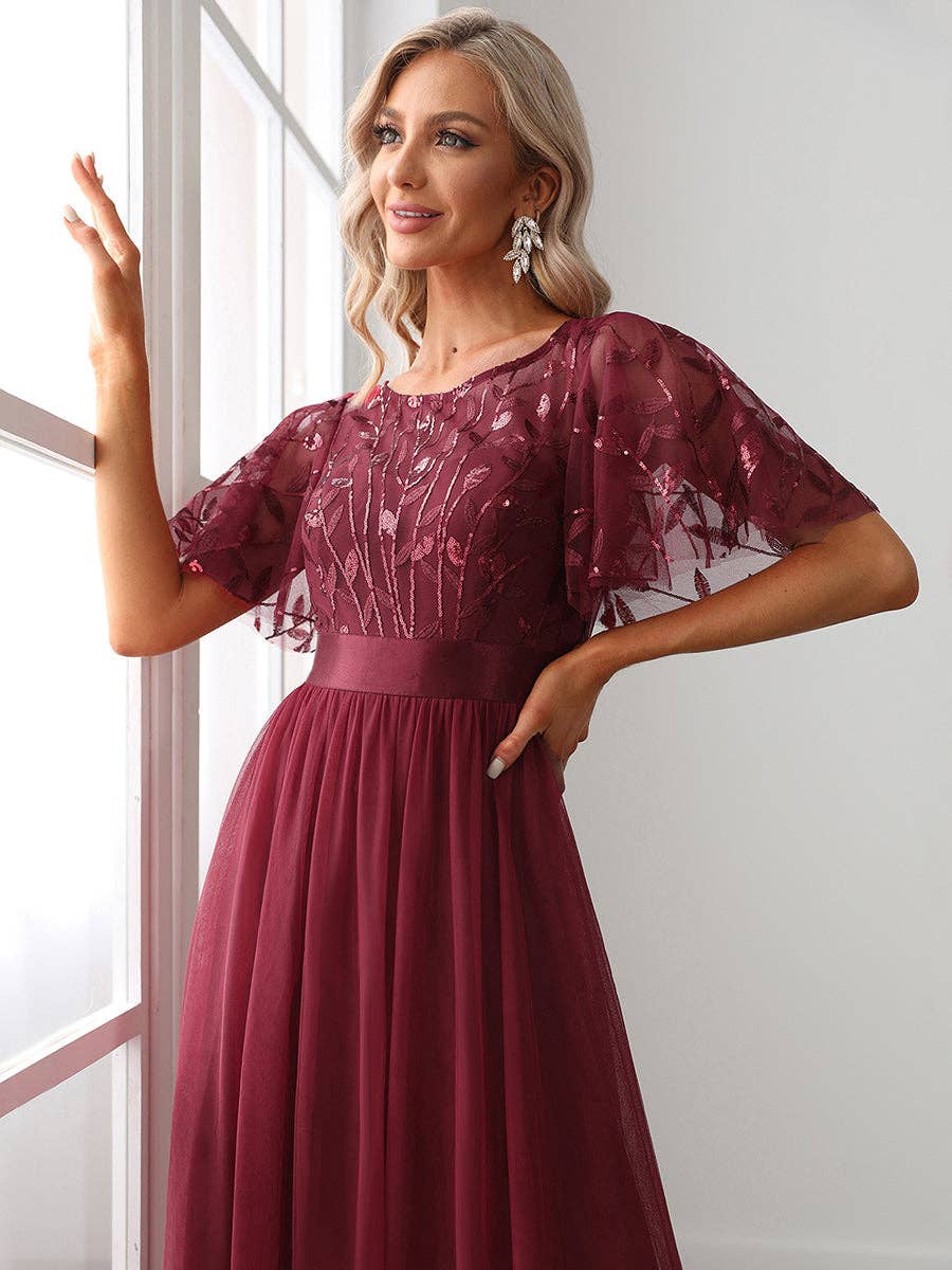 Ever-Pretty - Sequin Print Maxi Long Evening Dresses with Cap Sleeve: Dusty Navy / 14