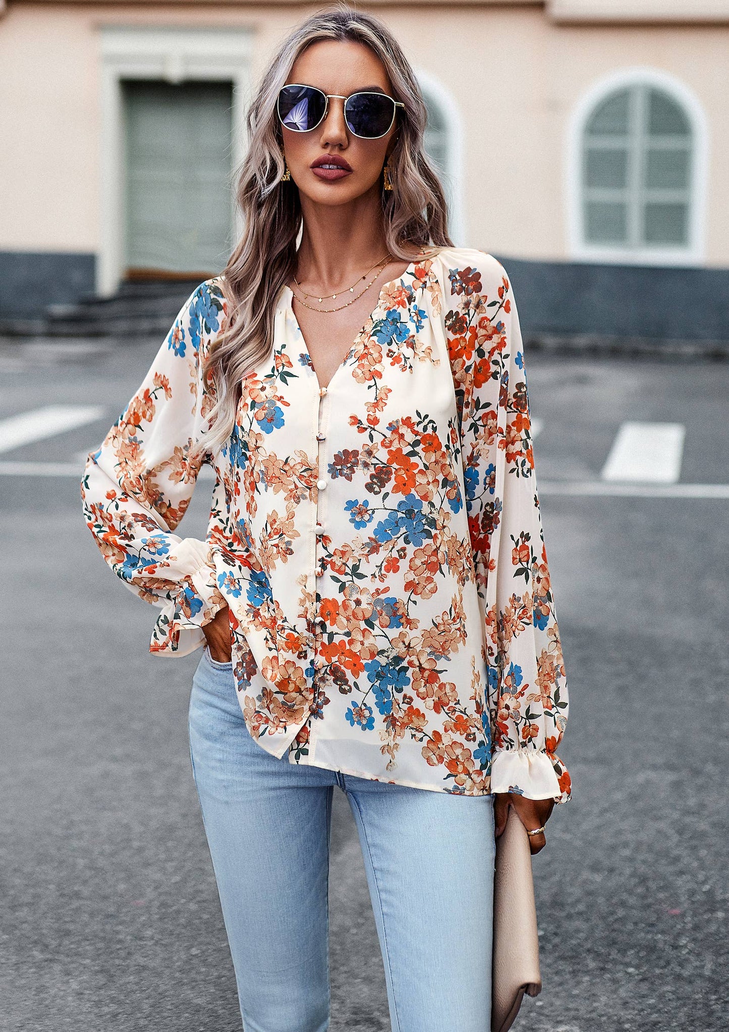 ePretty - Floral Button Down Long Sleeve Blouse SZ25-TP32012: Beige / XL