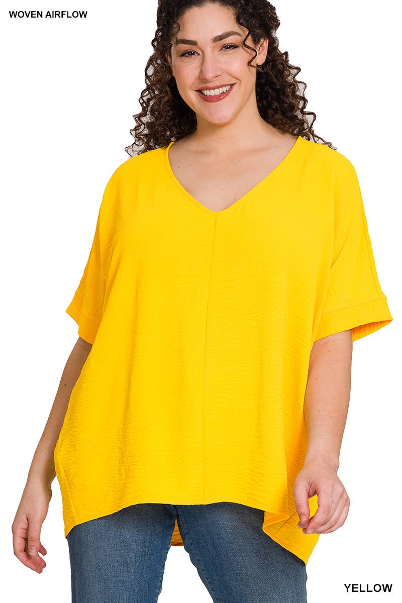 42POPS - PLUS SIZE WOVEN AIRFLOW V-NECK DOLMAN SHORT SLEEVE TOP: BLACK-152213 / 1X
