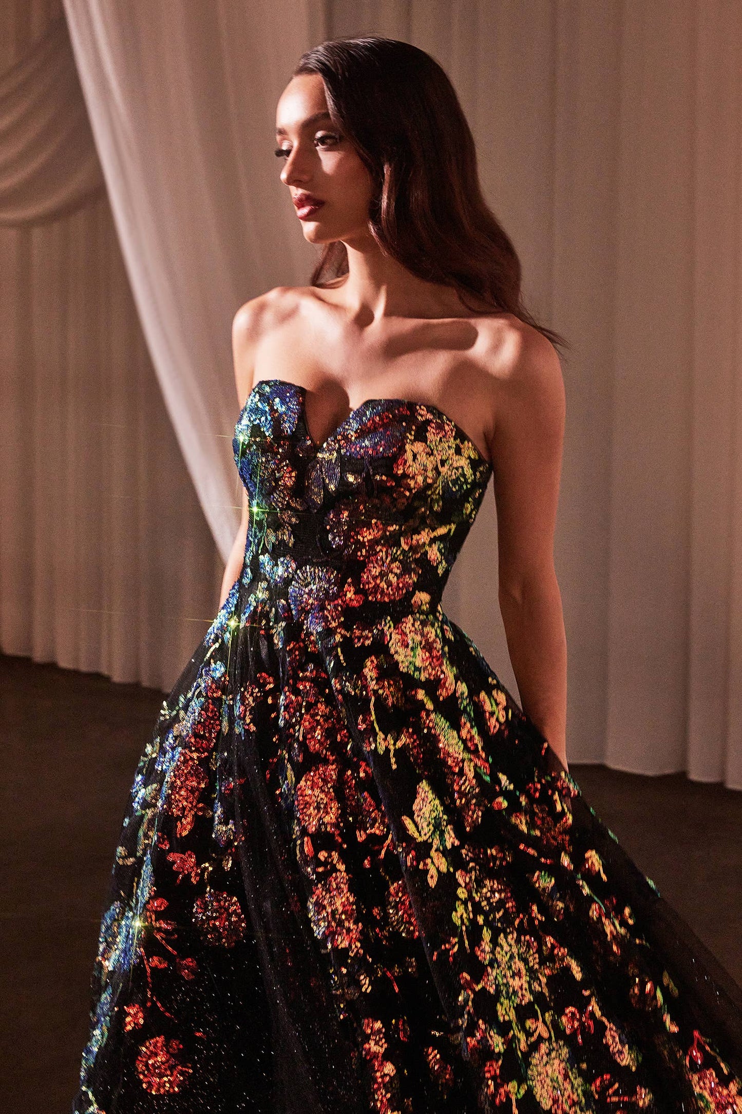 Ladivine by Cinderella Divine - STRAPLESS FLORAL APPLIQUED BLACK BALL GOWN: Black / 6
