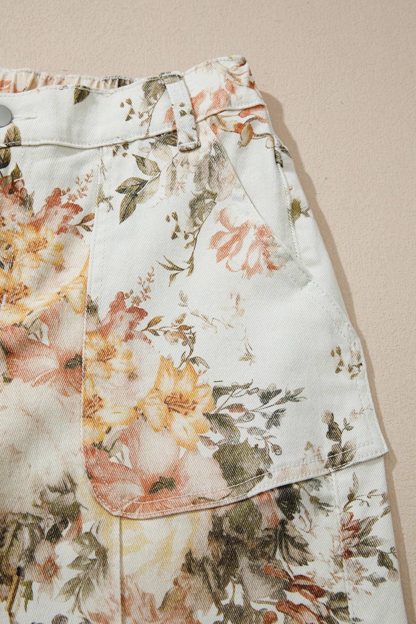 66DISCO - Floral Print High Waisted Wide Leg Denim Jeans: Beige / 6