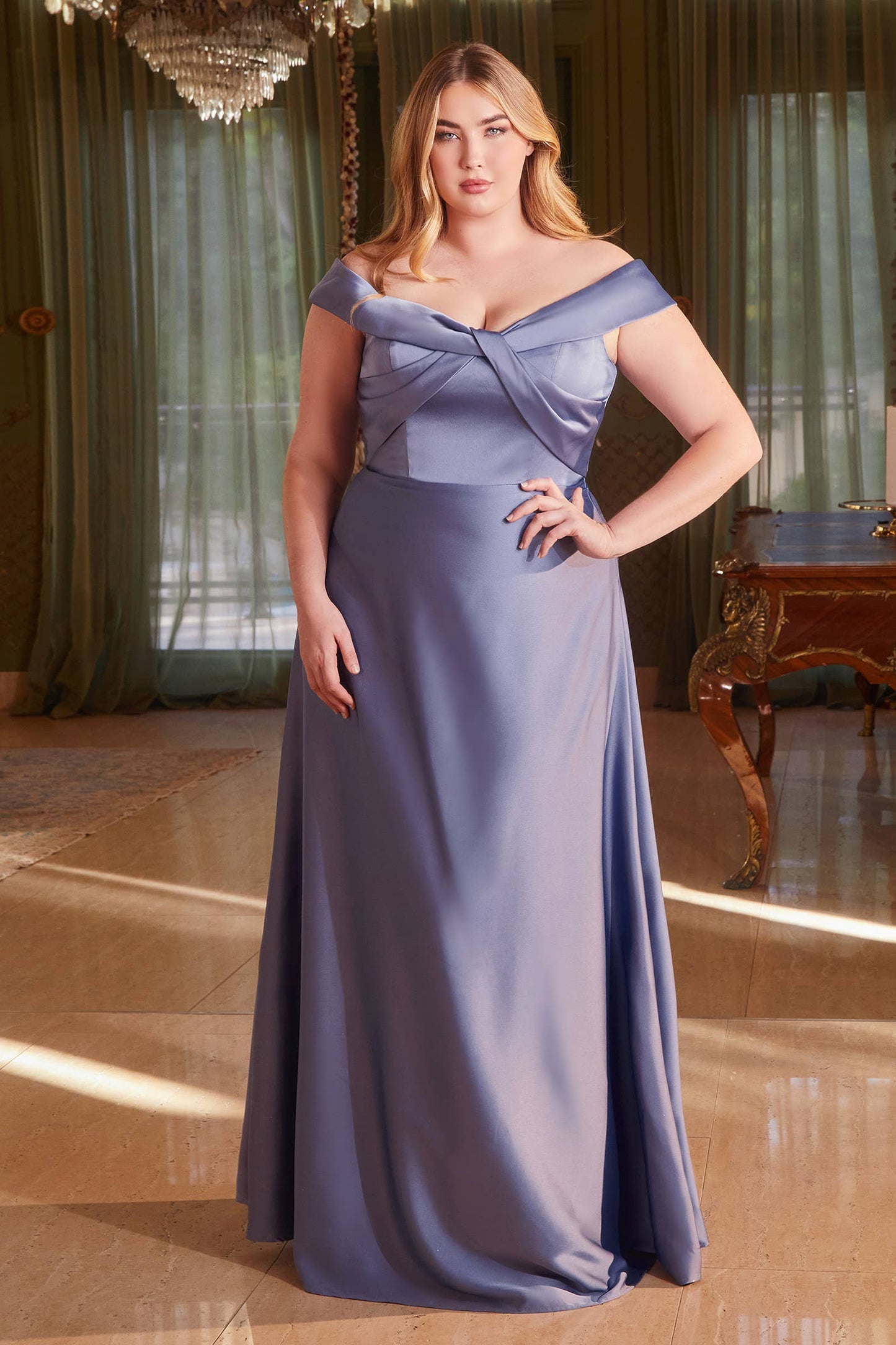 Ladivine by Cinderella Divine - SATIN OFF THE SHOULDER GOWN: EMERALD / 24