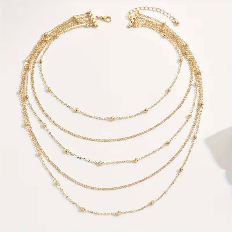 Syrrios Gifts LLC - Layered Multi Strand Beaded Chain Necklace Adjustable Choker: Yellow Gold