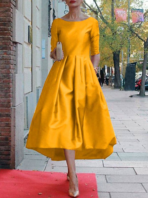 Sheer Trend - A-Line Loose Pleated Pockets Solid Color Split-Joint Round-Neck Midi Dresses: XL / BLACK