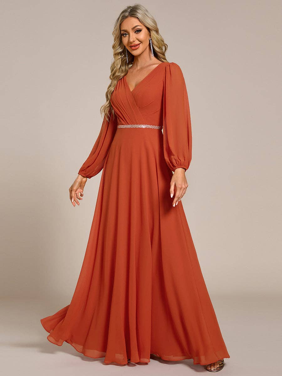 Ever-Pretty - Elegant waisted chiffon V-neck Long Sleeve guest Dress: Burgundy / 12