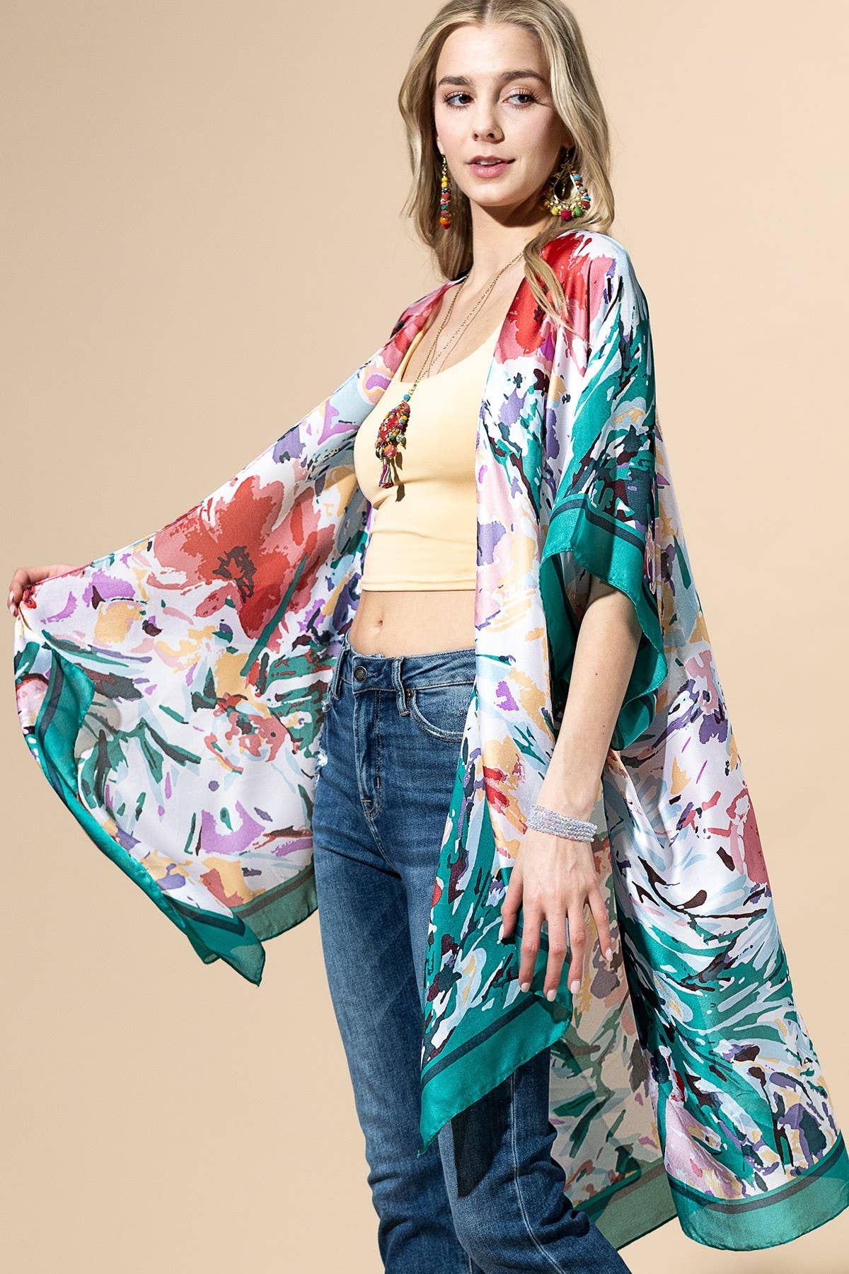 Urbanista - Abstract Floral Print Kimono: PINK-PK