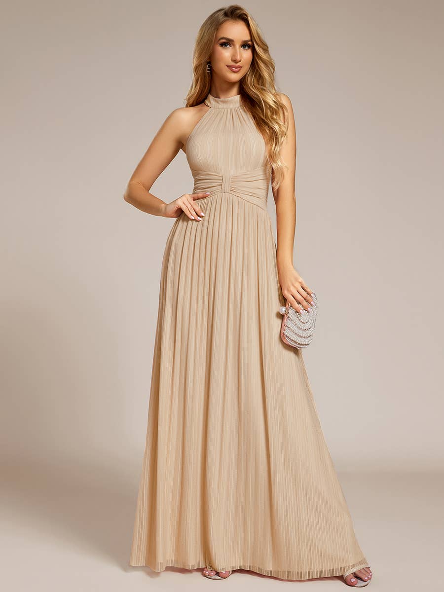 Ever-Pretty - Glittery Halter Neck Pleated Formal Evening Dress: Dark Green / 12